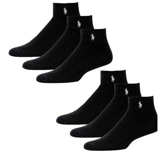 Polo Ralph Lauren 6-Pair Quarter Crew Black Socks Gray Pony Men's Size 6‎ - 12.5 - Picture 1 of 6